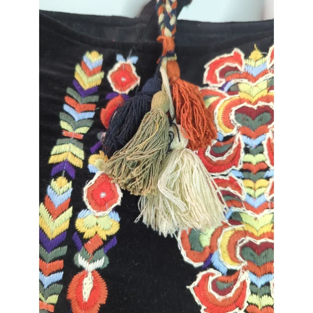 Embroidered Black Velvet Soft Ruggine Tote‎ Purse Tassels Boho Chic Hobo
